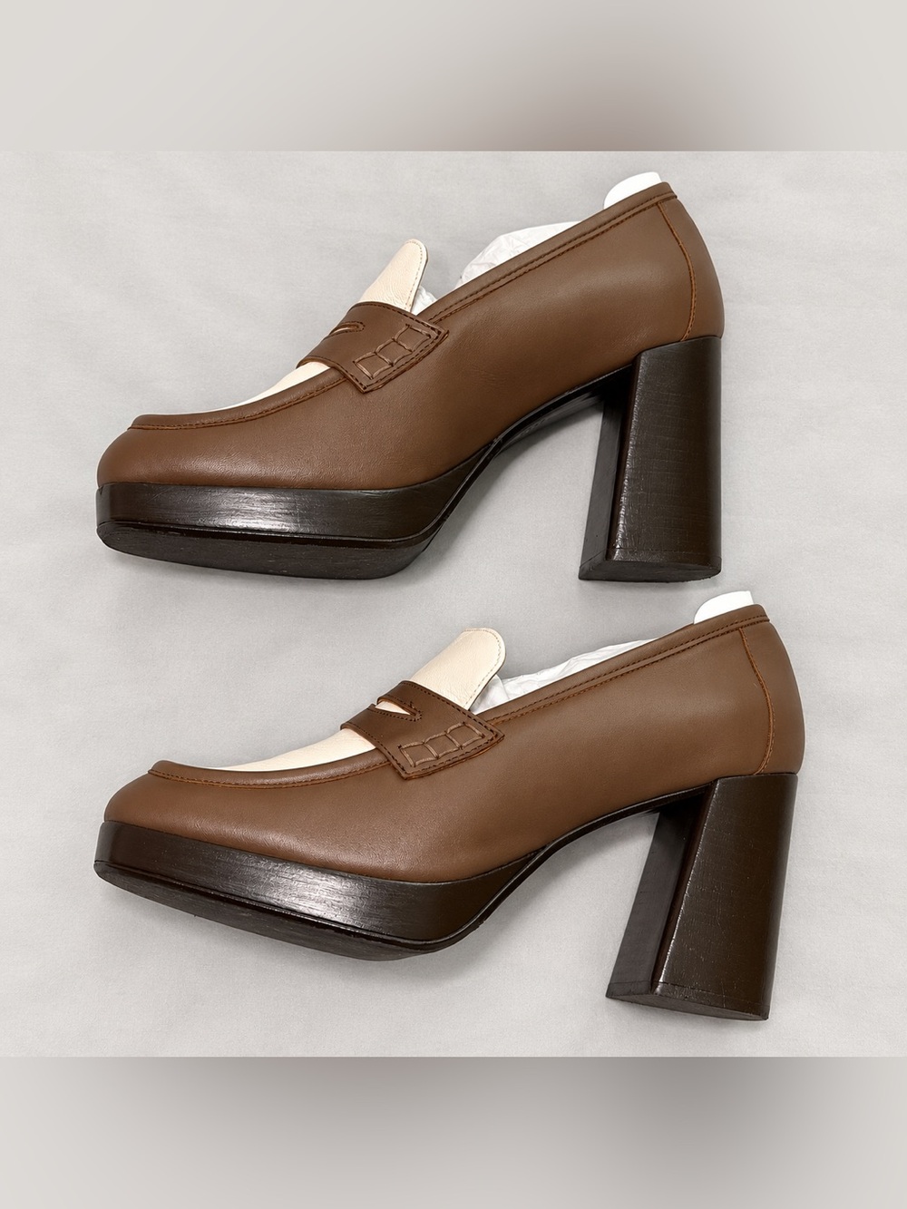 Sezane Jessie Loafers Platform Block Heel Brown Cream Leather Size 11 / 42 - Picture 5 of 14
